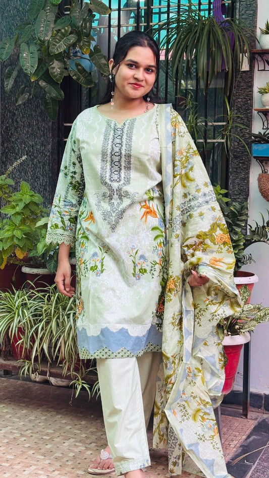 Soft Pistachio Green with Multicolor Floral Digital Print kurti pant dupatta set