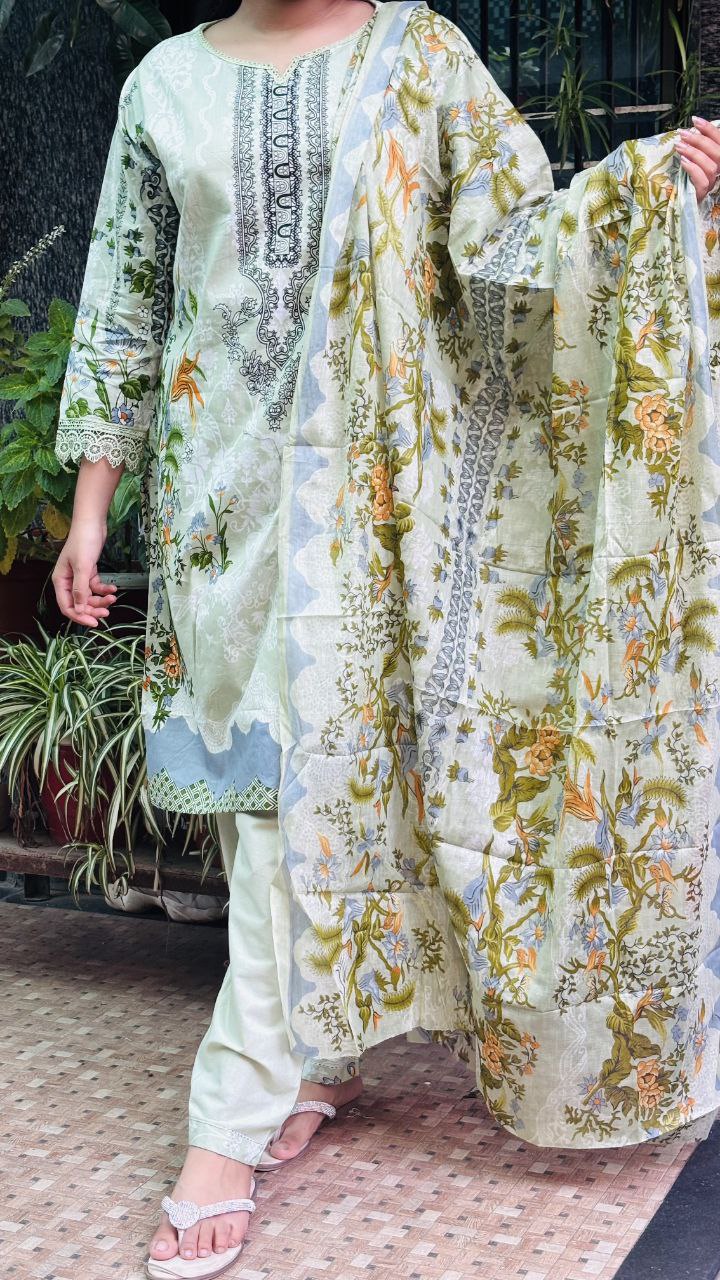 Soft Pistachio Green with Multicolor Floral Digital Print kurti pant dupatta set