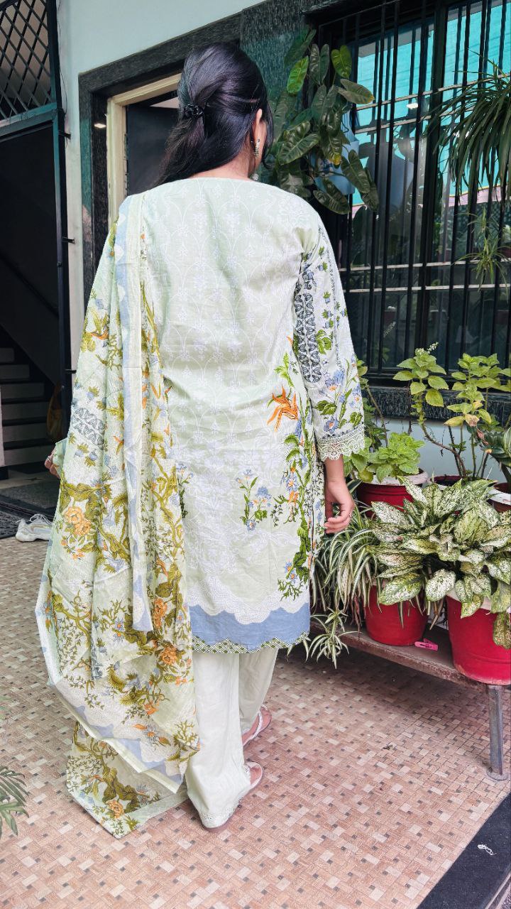 Soft Pistachio Green with Multicolor Floral Digital Print kurti pant dupatta set
