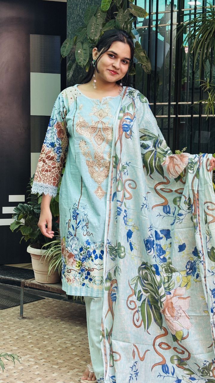 Sky Serenity digital print kurti pant dupatta set