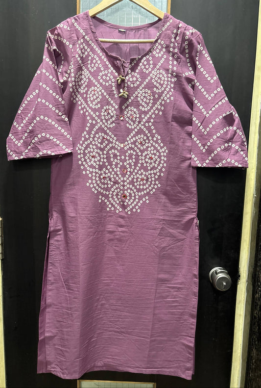 Mauve Cotton Bandhani Kurti Pant Dupatta Set with Pocket