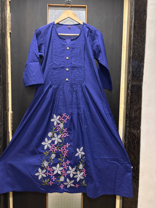 Navy Blue Floral Embroidered Anarkali Kurta Set with Dupatta