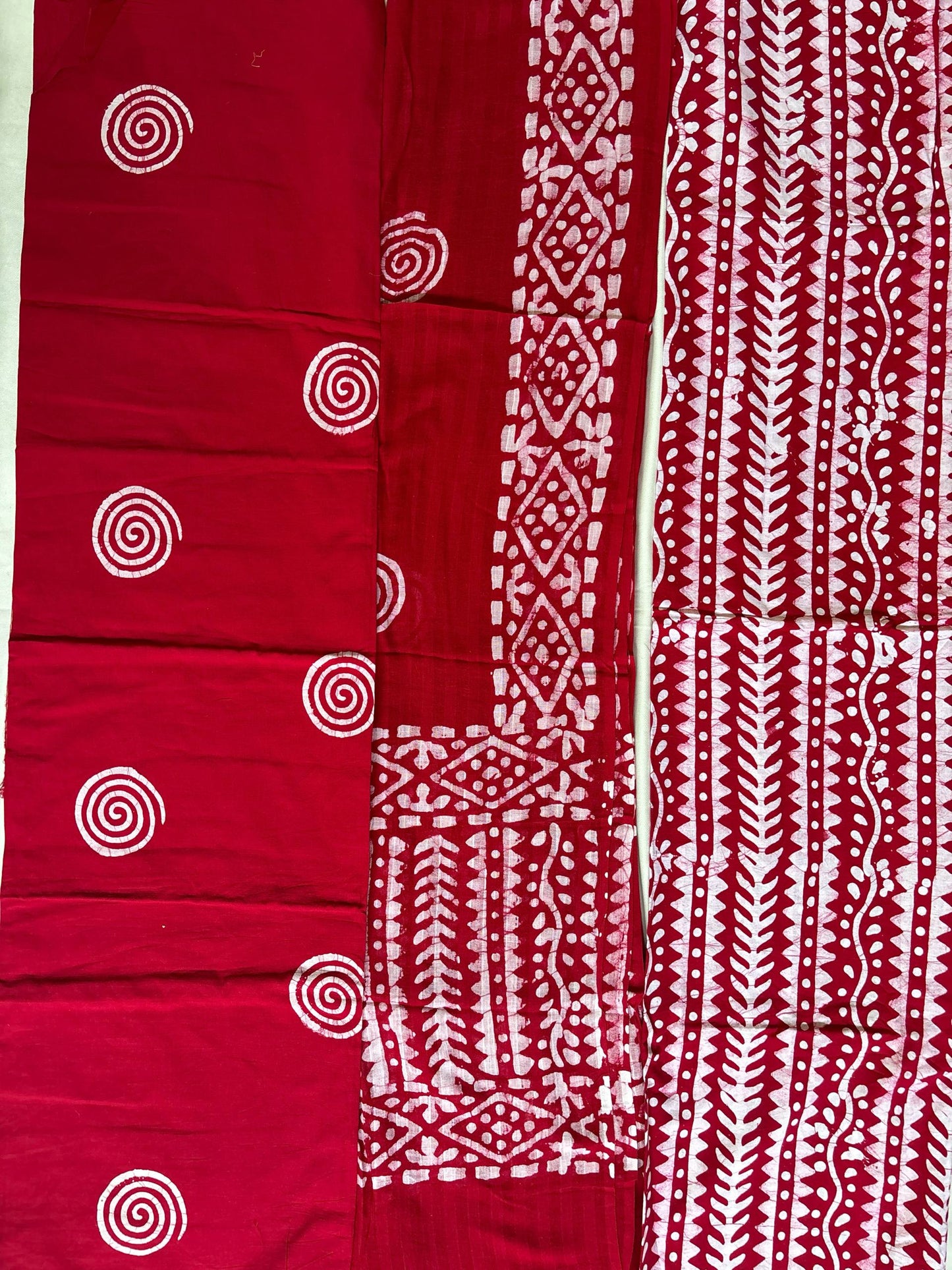 Cotton Printed Unstitched Suit Set – Red Ethnic Stripe Design Kurti with Dupatta & Bottom