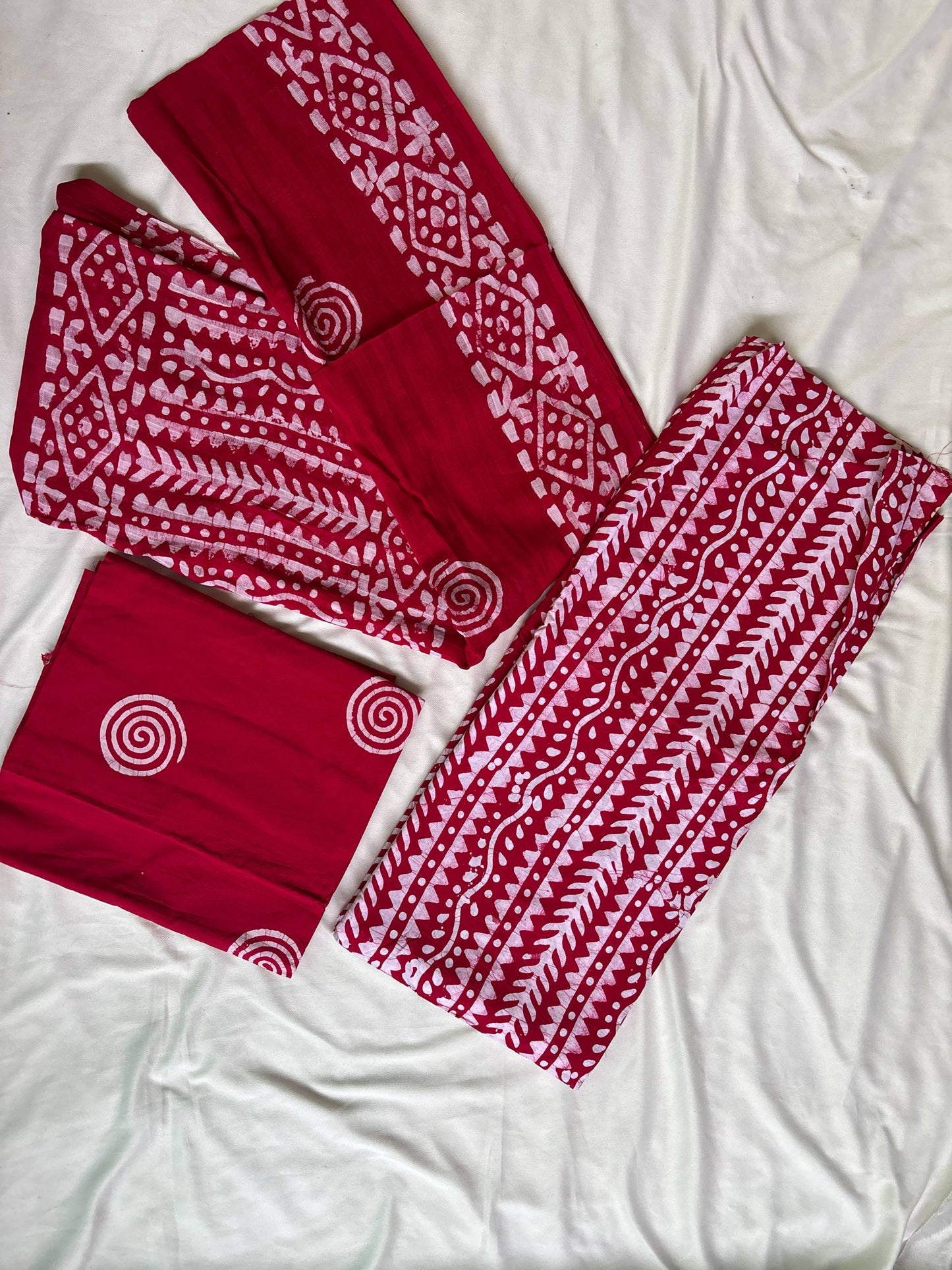 Cotton Printed Unstitched Suit Set – Red Ethnic Stripe Design Kurti with Dupatta & Bottom