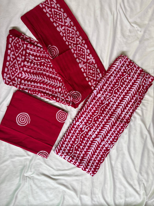 Cotton Printed Unstitched Suit Set – Red Ethnic Stripe Design Kurti with Dupatta & Bottom