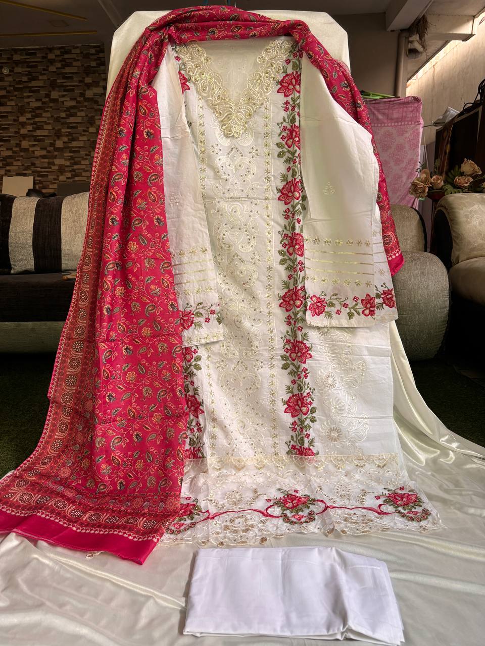 Unstitched White Embroidered Cotton Suit Set