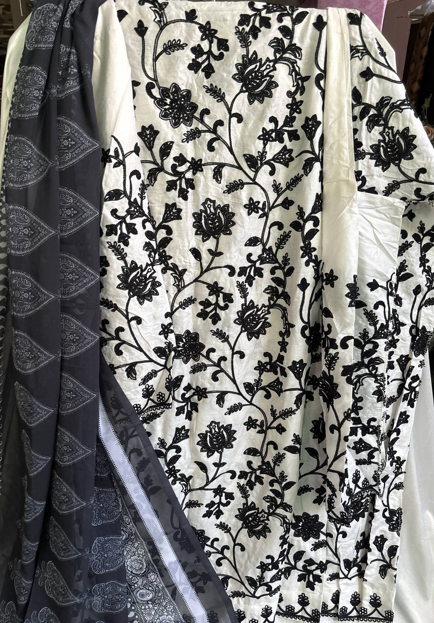 Black White Rayon Cotton Kurta Set with Dupatta