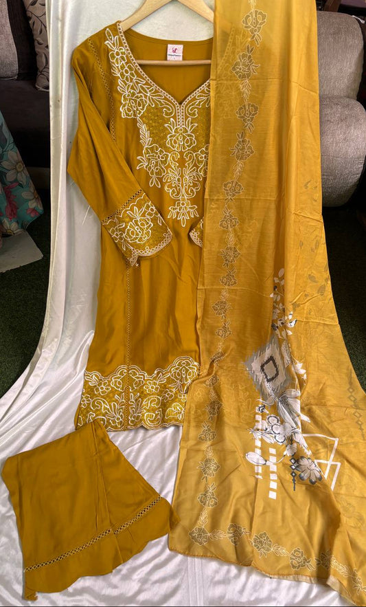 Mustard Yellow Embroidered Kurti Pant Set with Dupatta for Women
