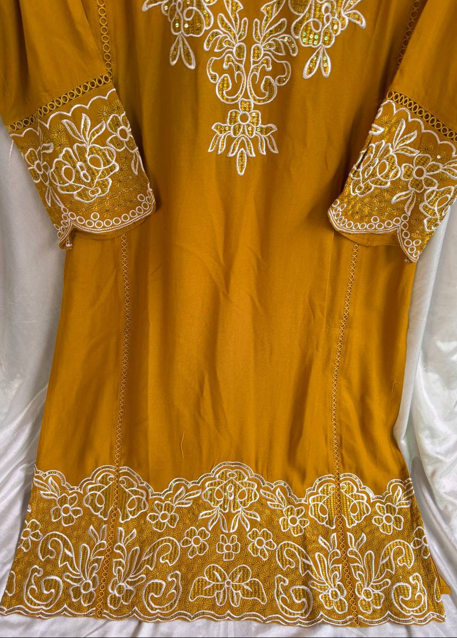Mustard Yellow Embroidered Kurti Pant Set with Dupatta for Women