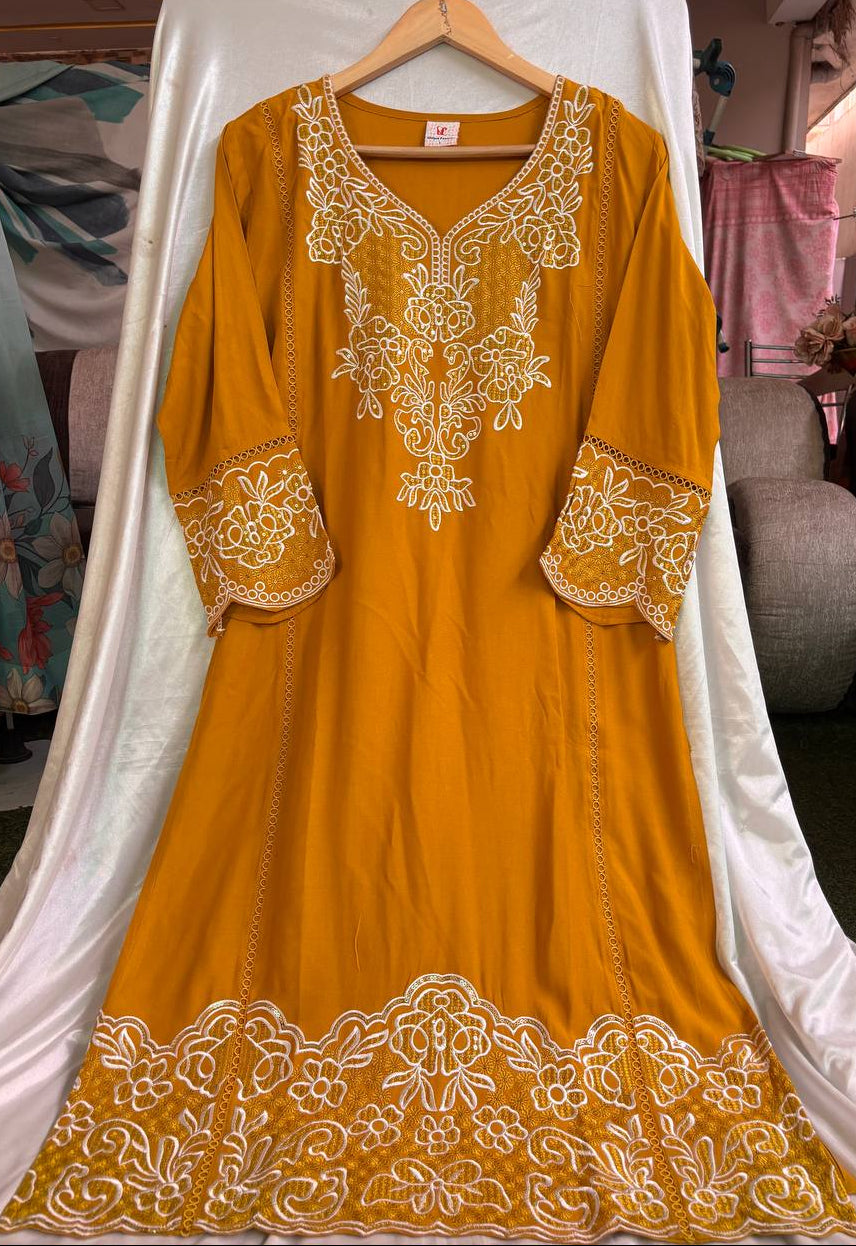 Mustard Yellow Embroidered Kurti Pant Set with Dupatta for Women
