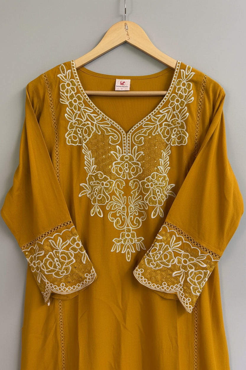 Mustard Yellow Embroidered Kurti Pant Set with Dupatta for Women