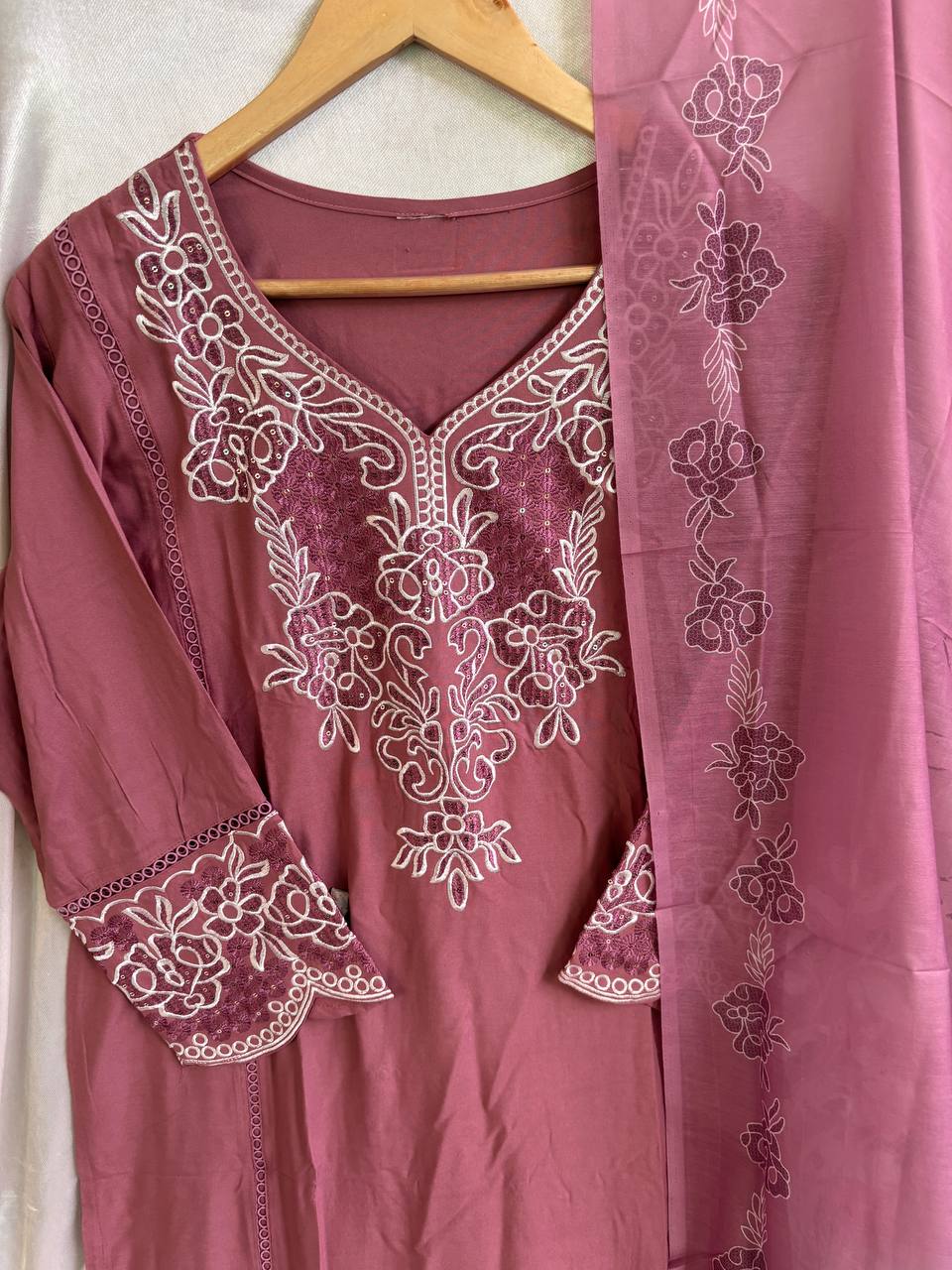 Dusty Pink Embroidered Kurti Pant Set for Women