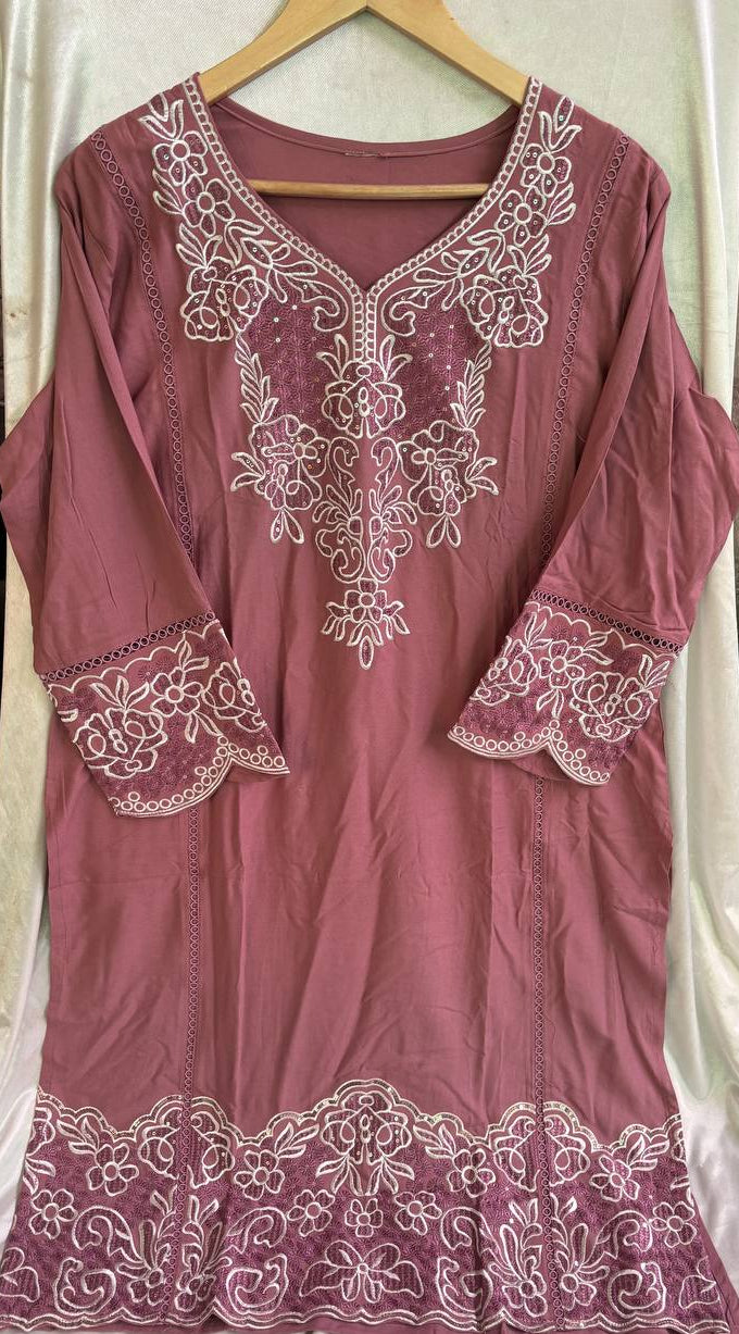 Dusty Pink Embroidered Kurti Pant Set for Women