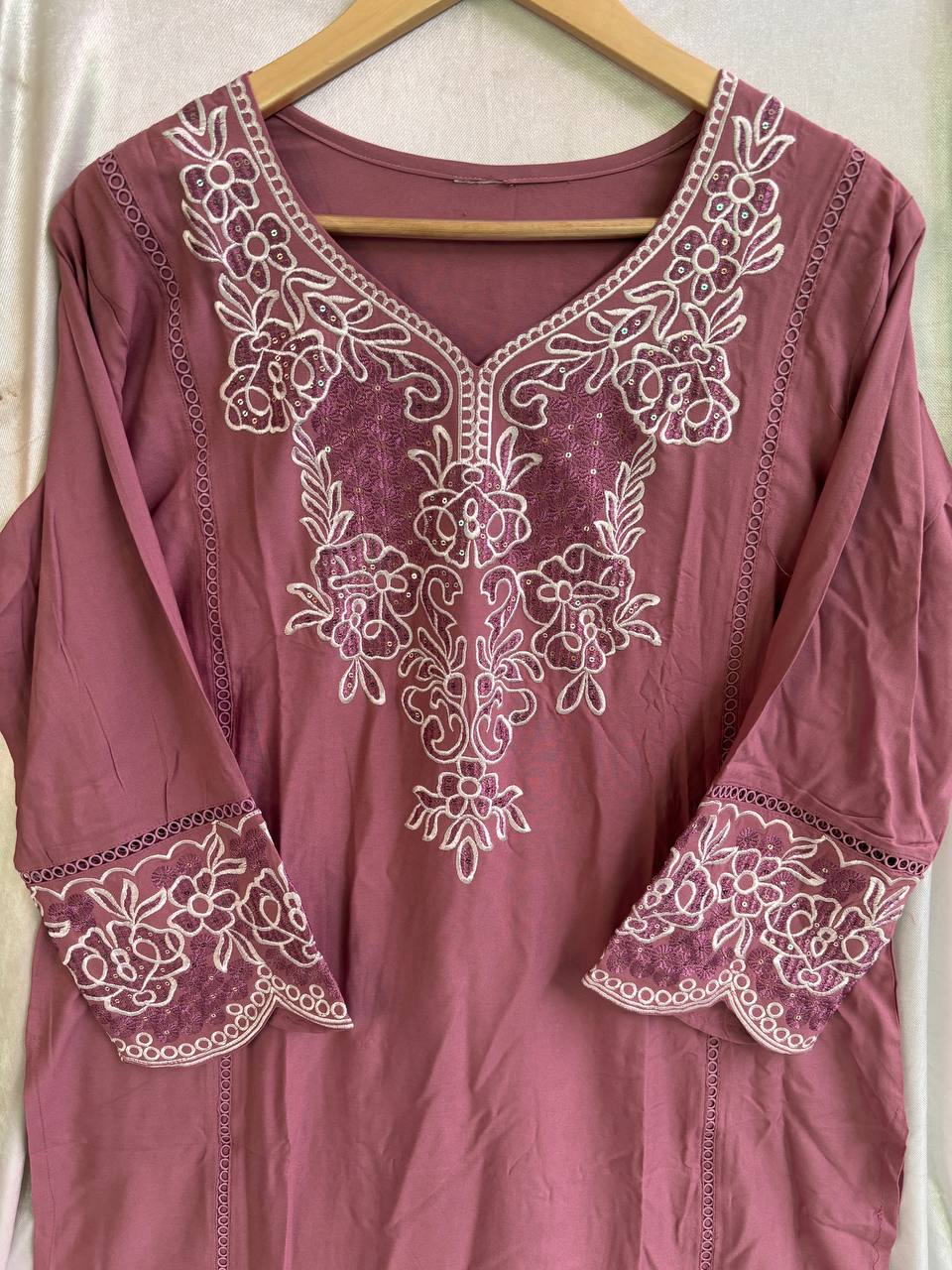 Dusty Pink Embroidered Kurti Pant Set for Women