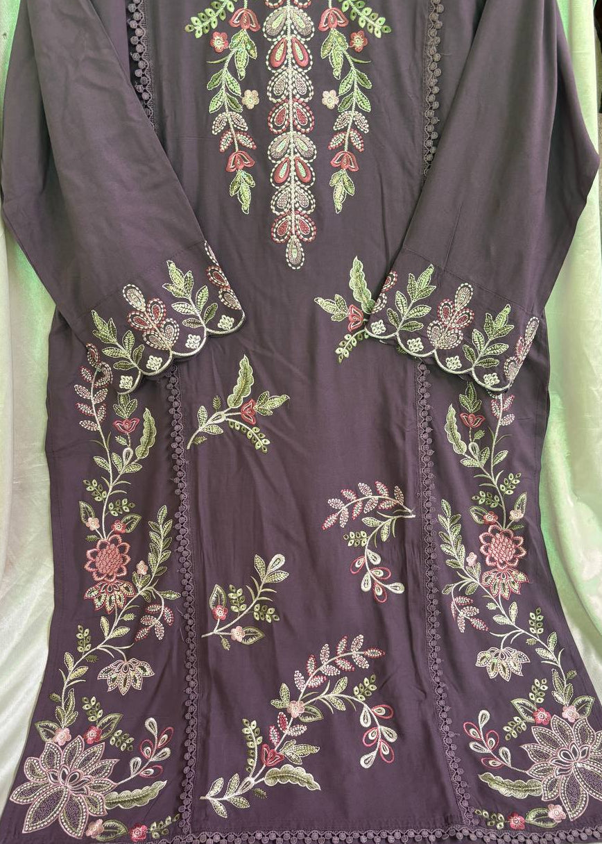 Purple Embroidered Kurti Pant Set with Dupatta