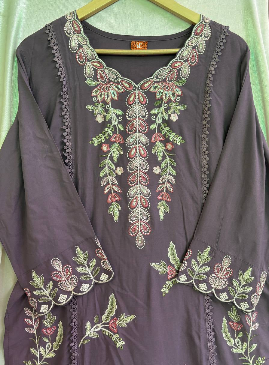 Purple Embroidered Kurti Pant Set with Dupatta