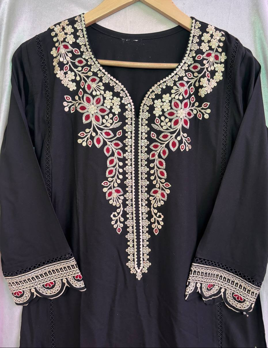 Black Embroidered Kurta Pant Set for Women