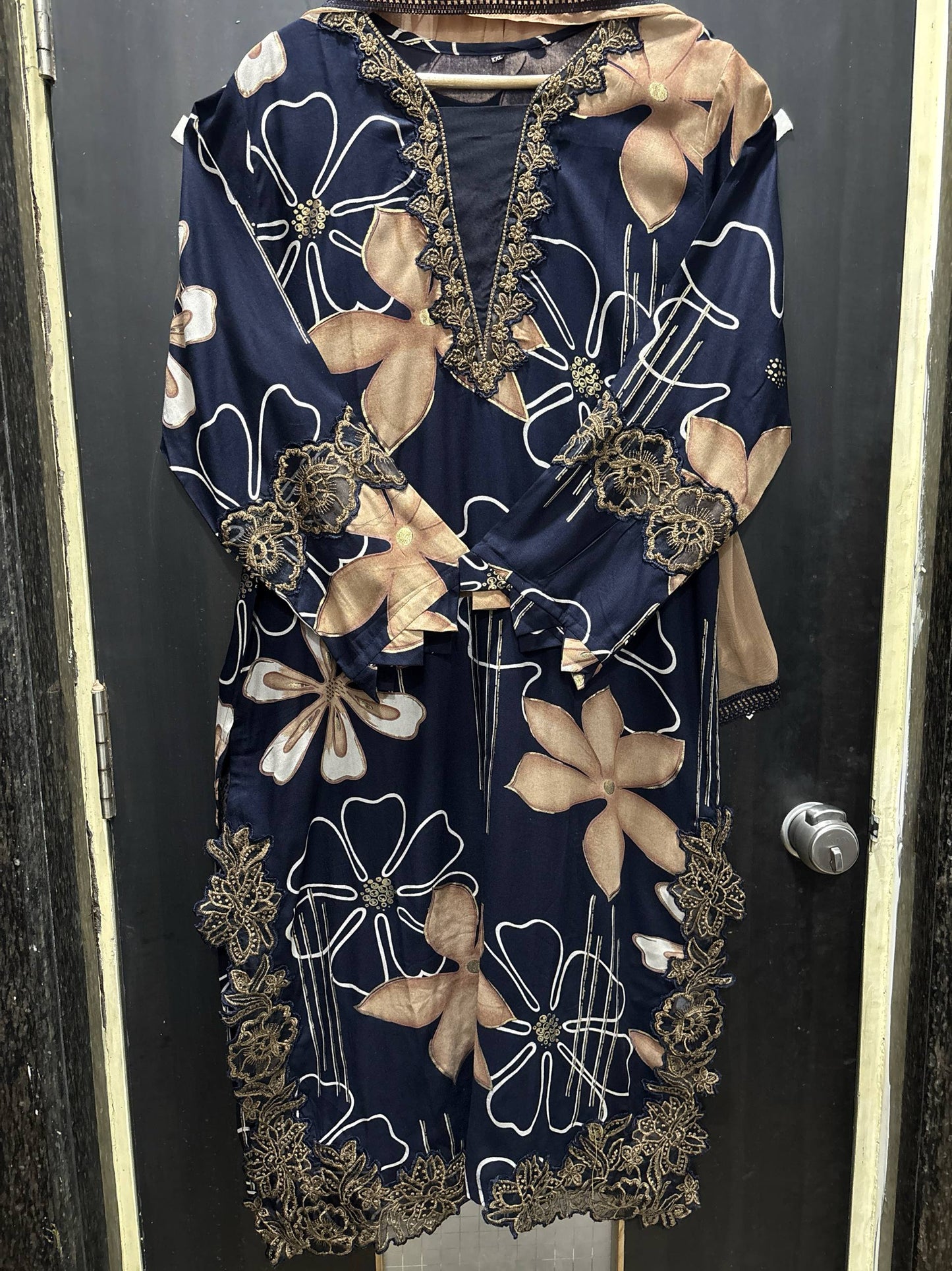 Floral Cutwork Suit Set – Navy Beige