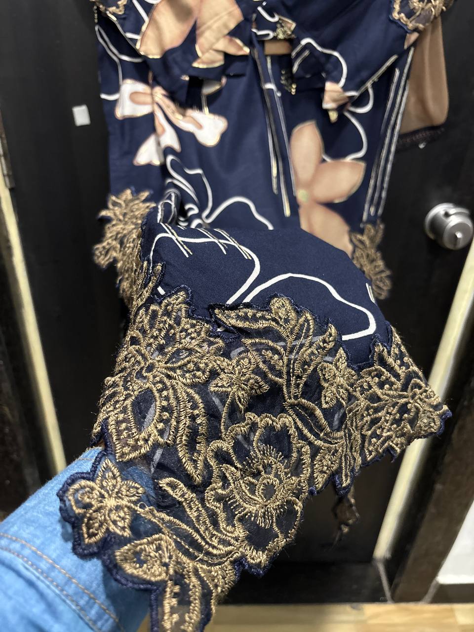 Floral Cutwork Suit Set – Navy Beige