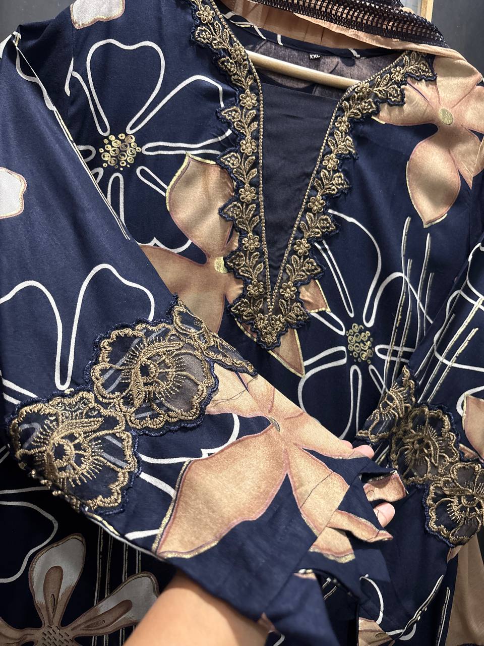Floral Cutwork Suit Set – Navy Beige