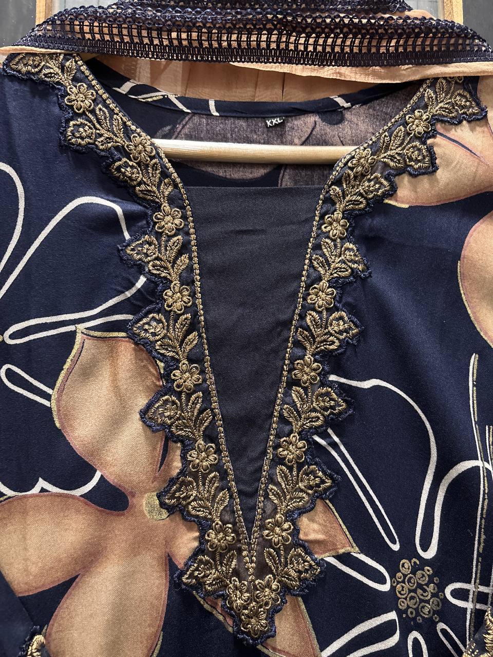 Floral Cutwork Suit Set – Navy Beige