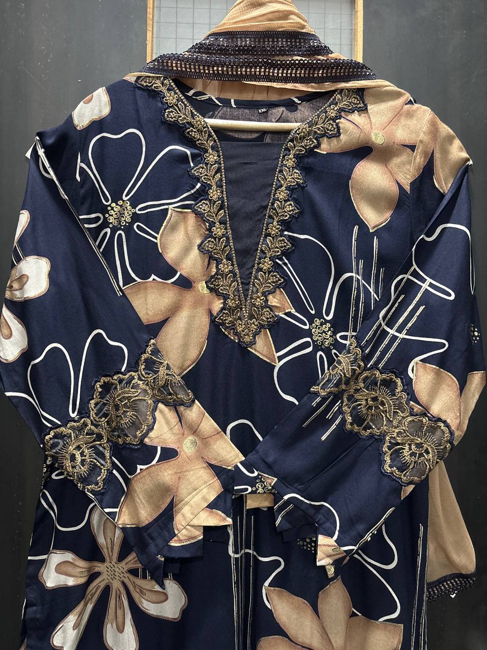 Floral Cutwork Suit Set – Navy Beige