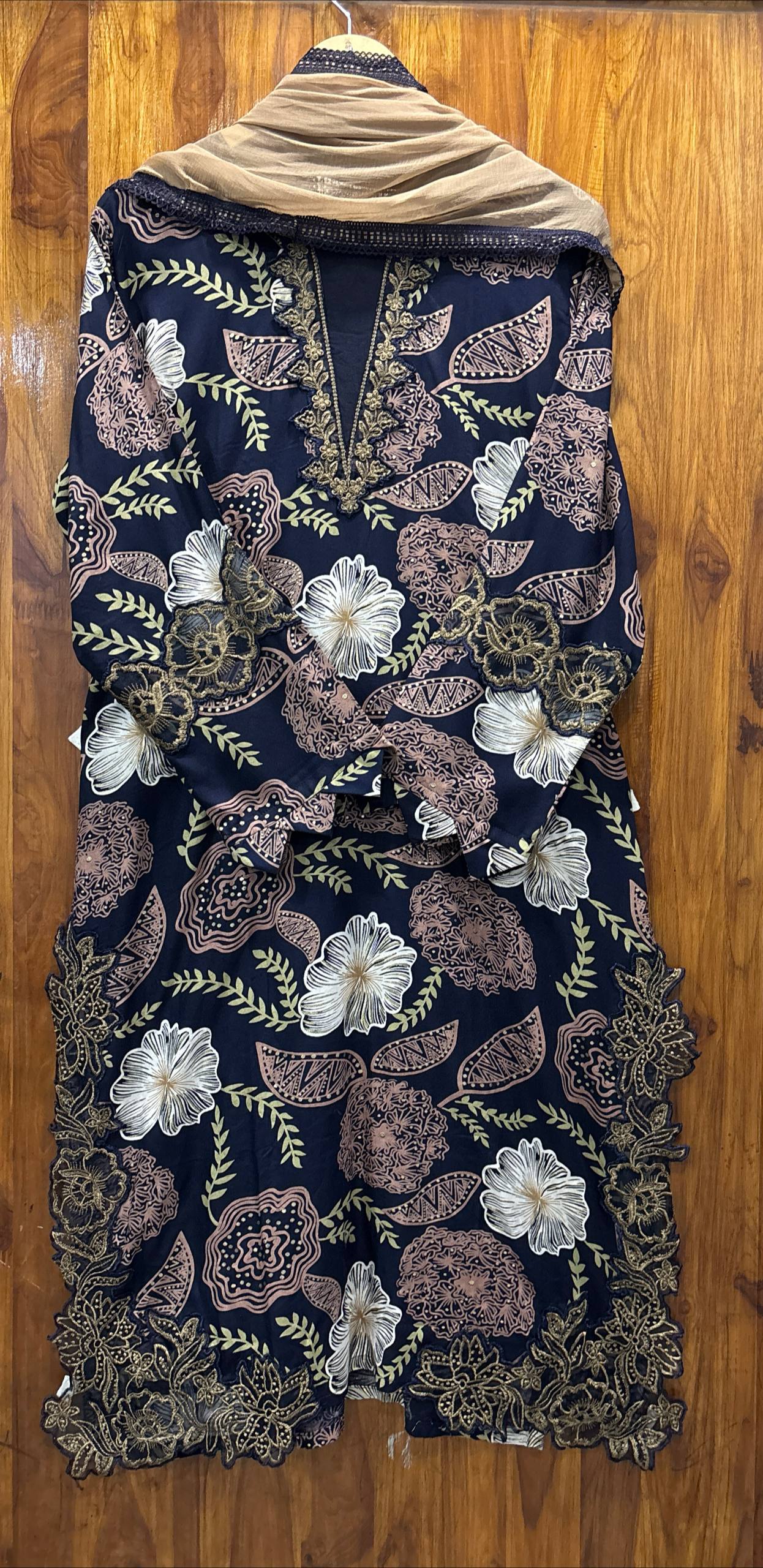 Floral Cutwork Suit Set – Black Beige