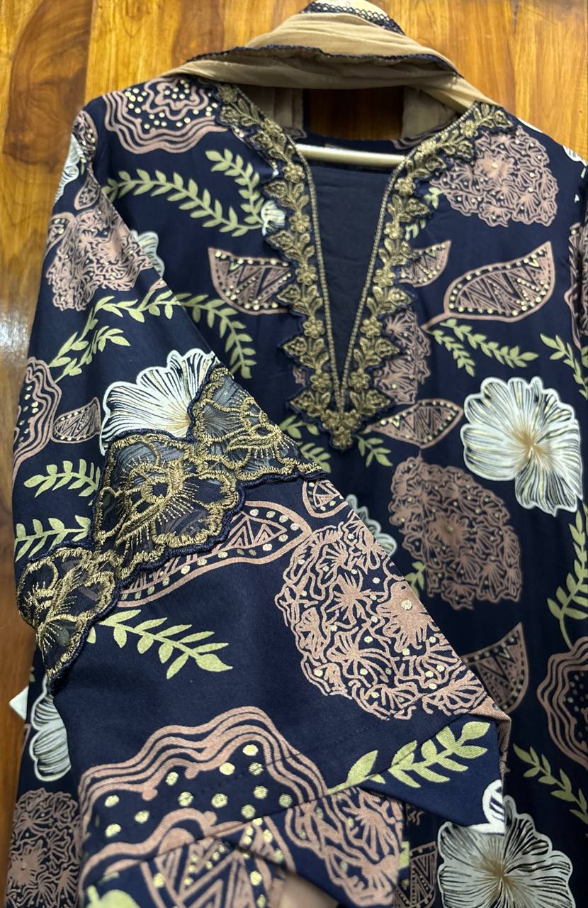 Floral Cutwork Suit Set – Black Beige