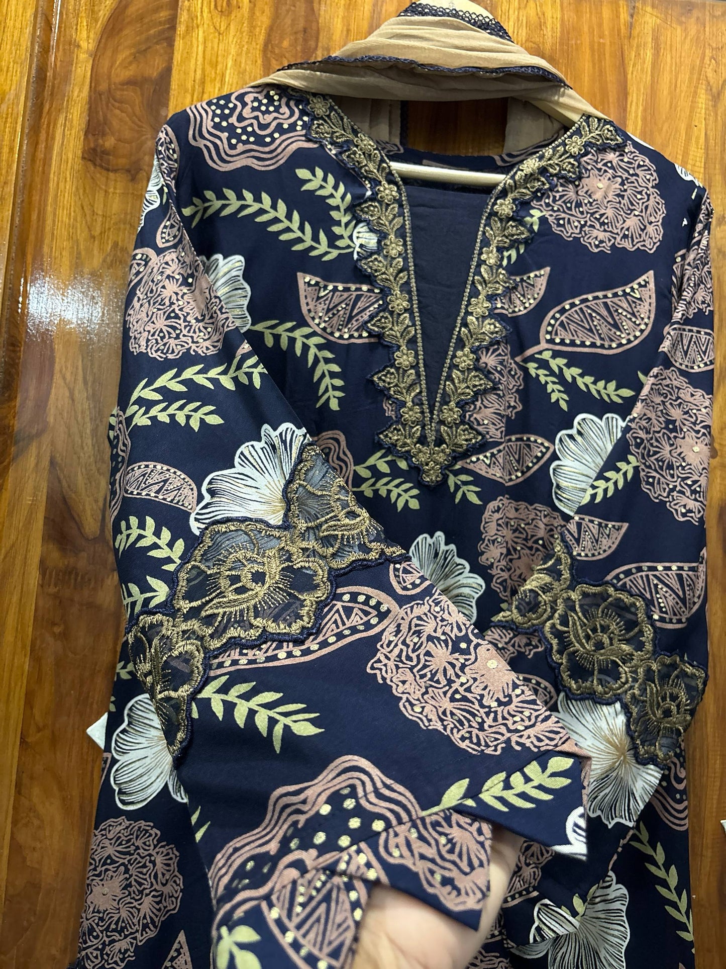 Floral Cutwork Suit Set – Black Beige