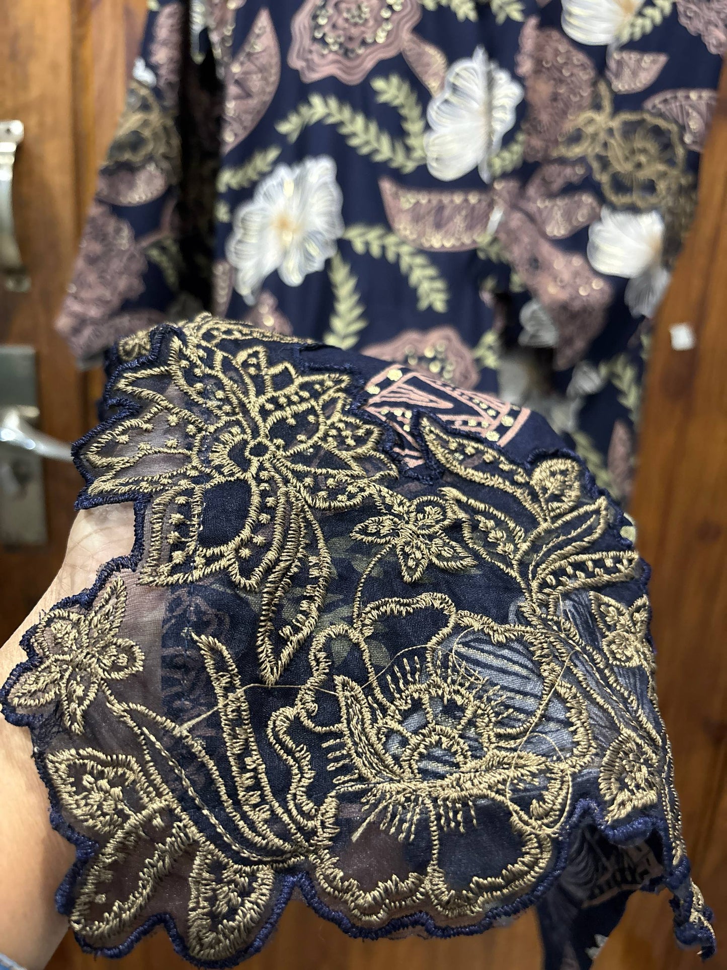 Floral Cutwork Suit Set – Black Beige