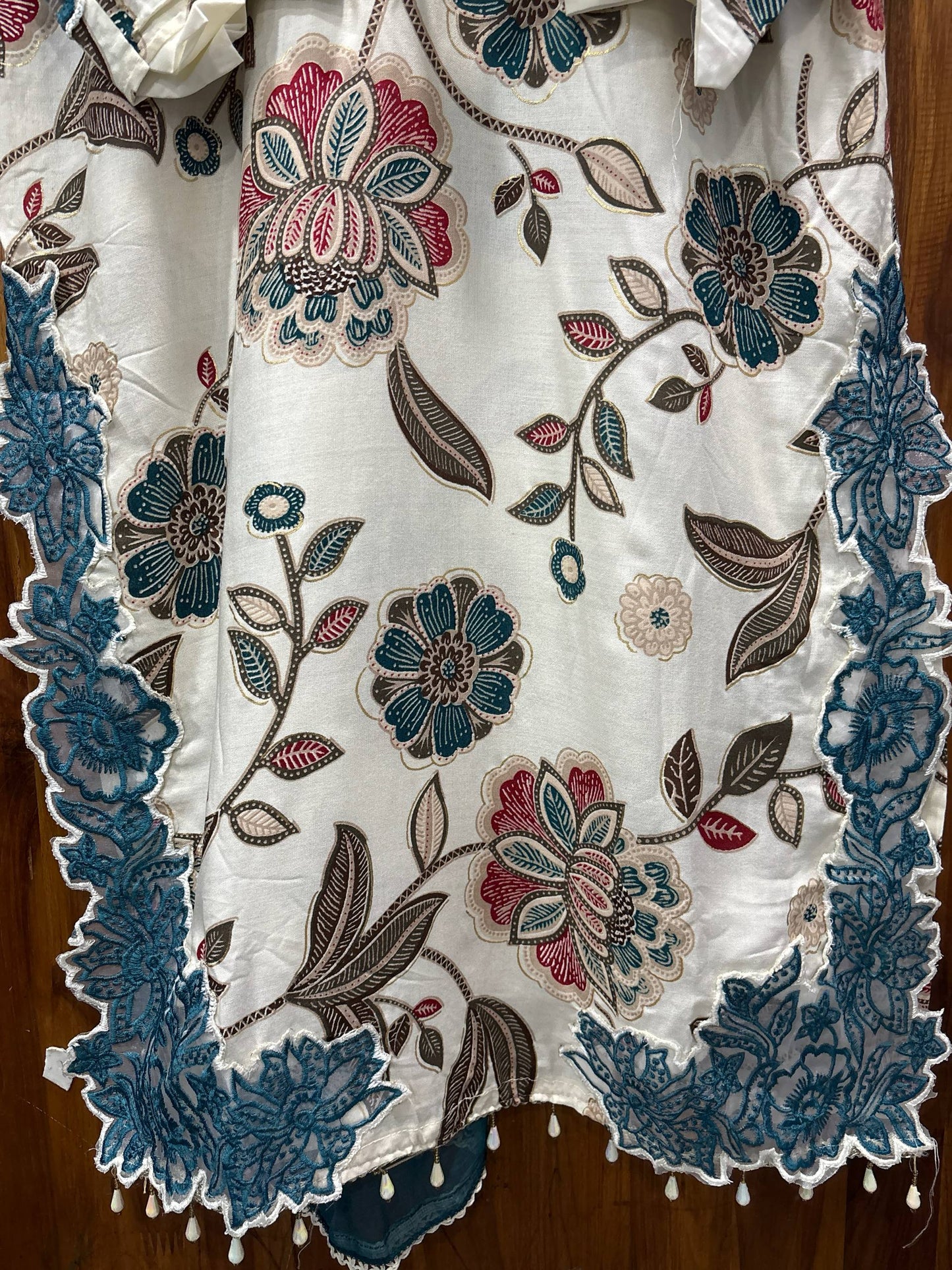 Ivory Teal Floral Cutwork Suit Set