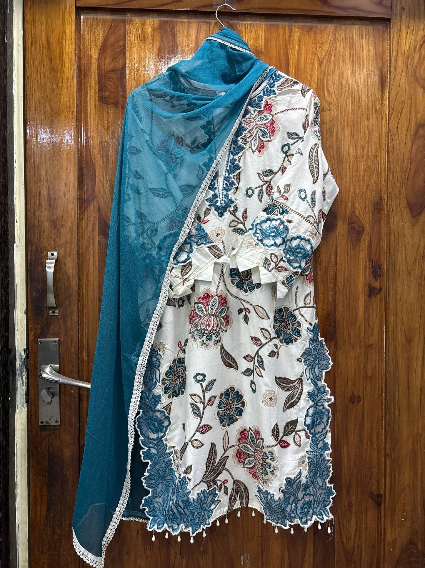 Ivory Teal Floral Cutwork Suit Set