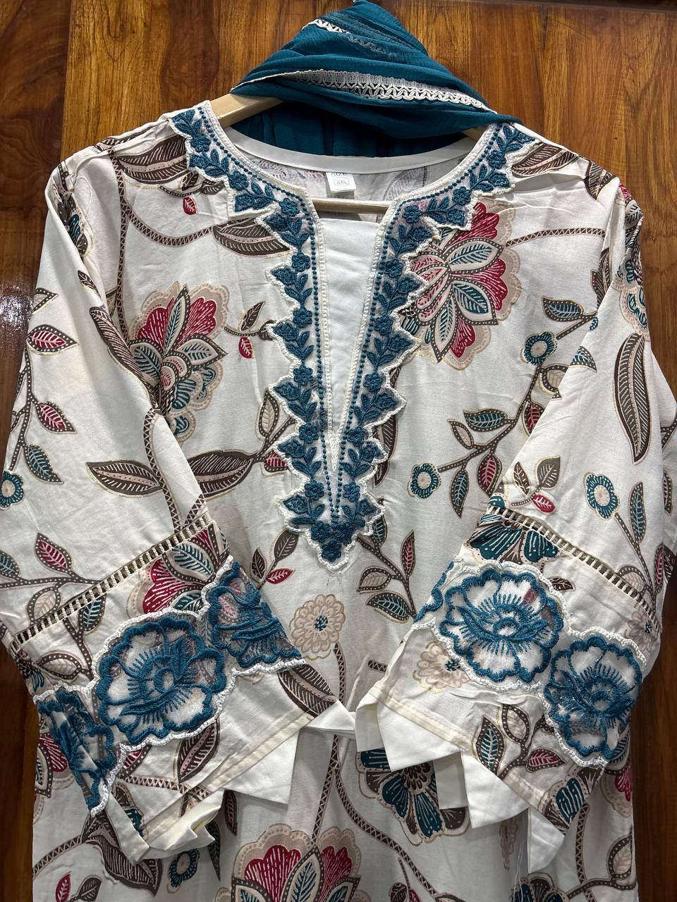 Ivory Teal Floral Cutwork Suit Set