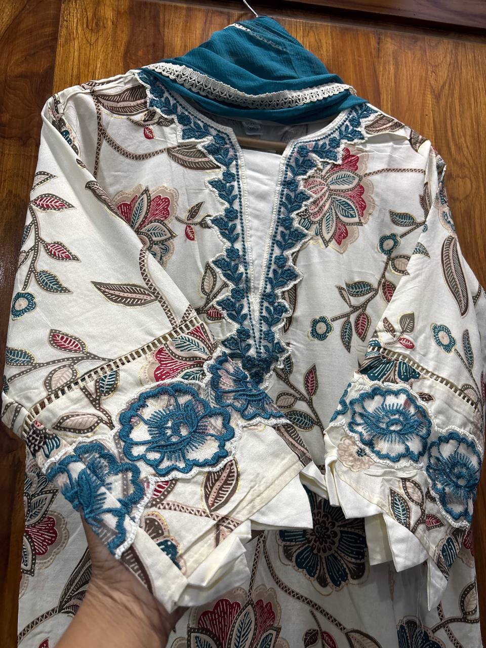 Ivory Teal Floral Cutwork Suit Set