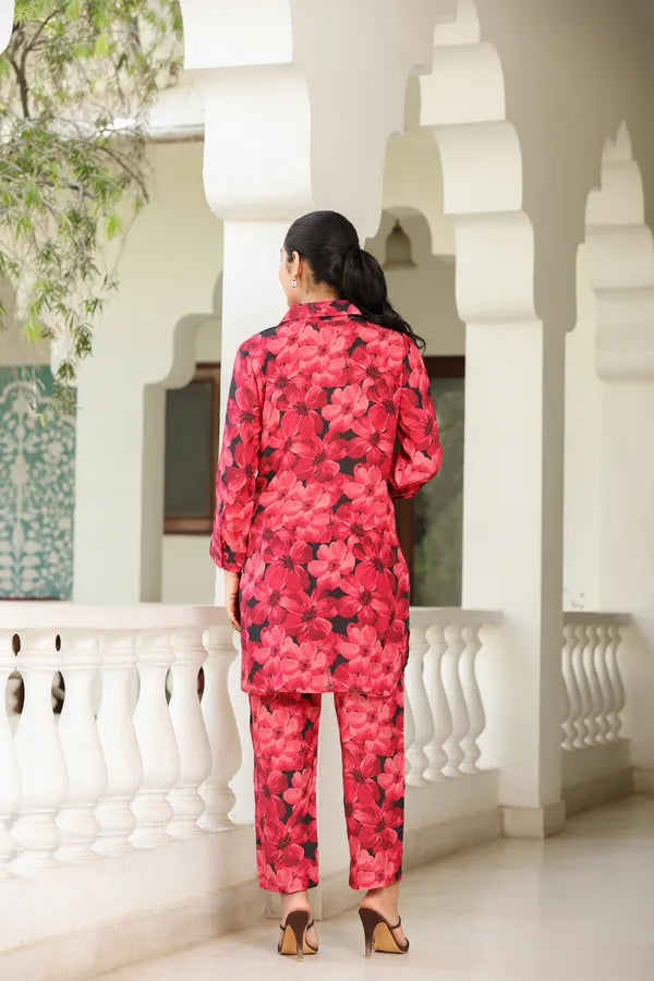 Pink Floral Musline Co-Ord Set For Women