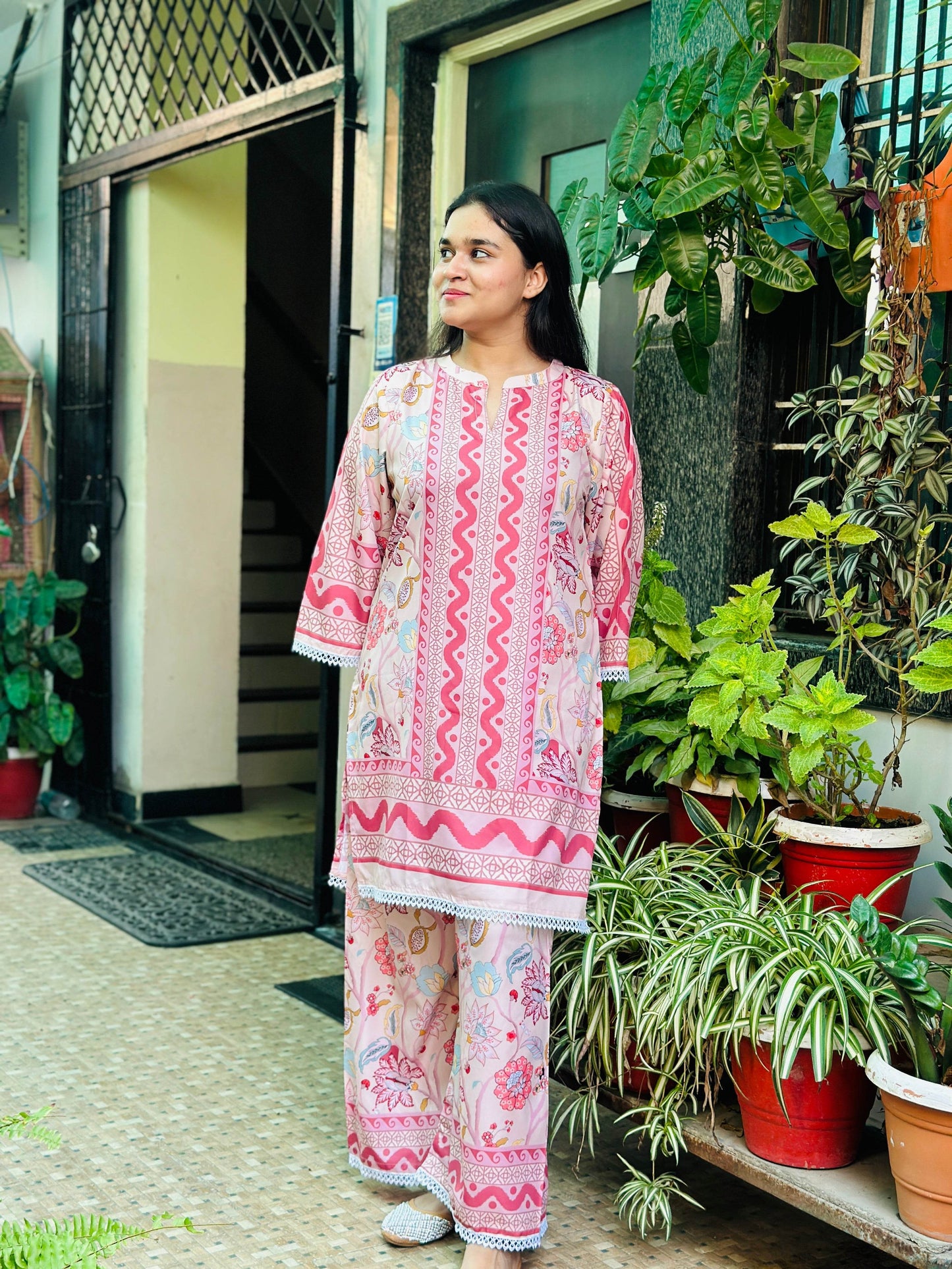 pink stylish turkish printed cord set for women - CandiRobes