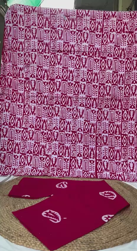 Cotton Bandhani Unstitched Suit Set – Red Printed Kurti with Dupatta & Bottom