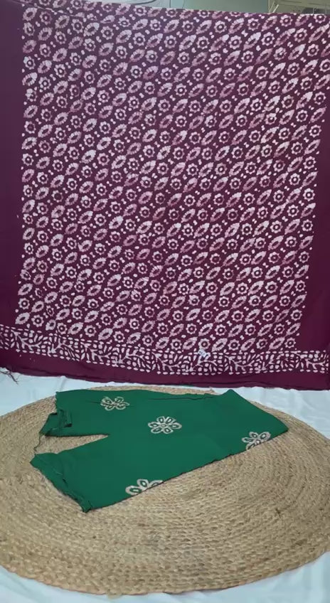 Cotton Unstitched Bandhani Suit Set – Maroon Kurti with Green Bottom & Dupatta