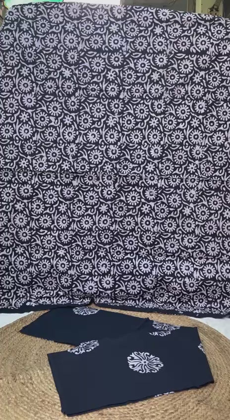 Cotton Unstitched Suit Set – Black & White Printed Kurti with Dupatta & Bottom