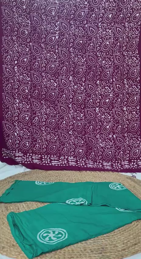 Cotton Bandhani Unstitched Suit Set – Maroon Kurti with Bottle Green Bottom & Dupatta