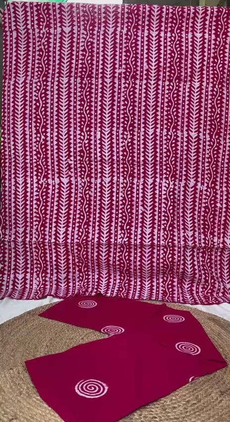Cotton Printed Unstitched Suit Set – Red Ethnic Stripe Design Kurti with Dupatta & Bottom
