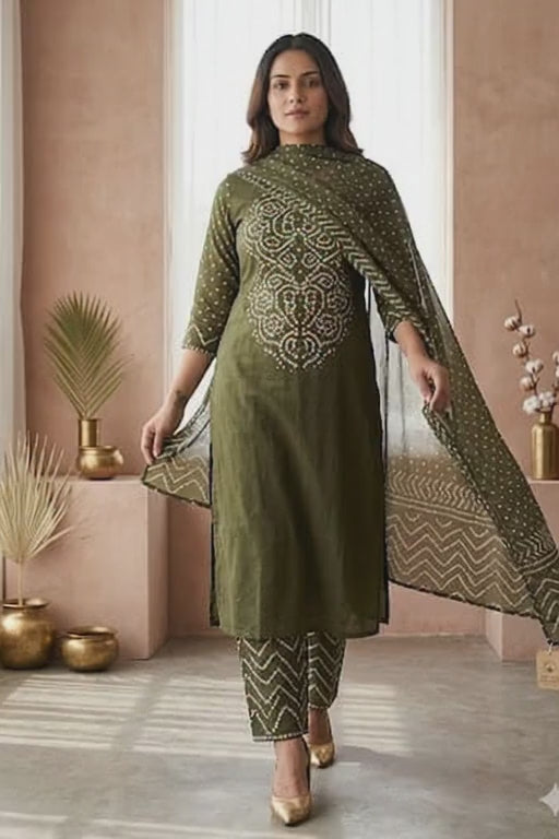 Olive Green Cotton Bandhani Kurti Pant Dupatta Set with Pocket