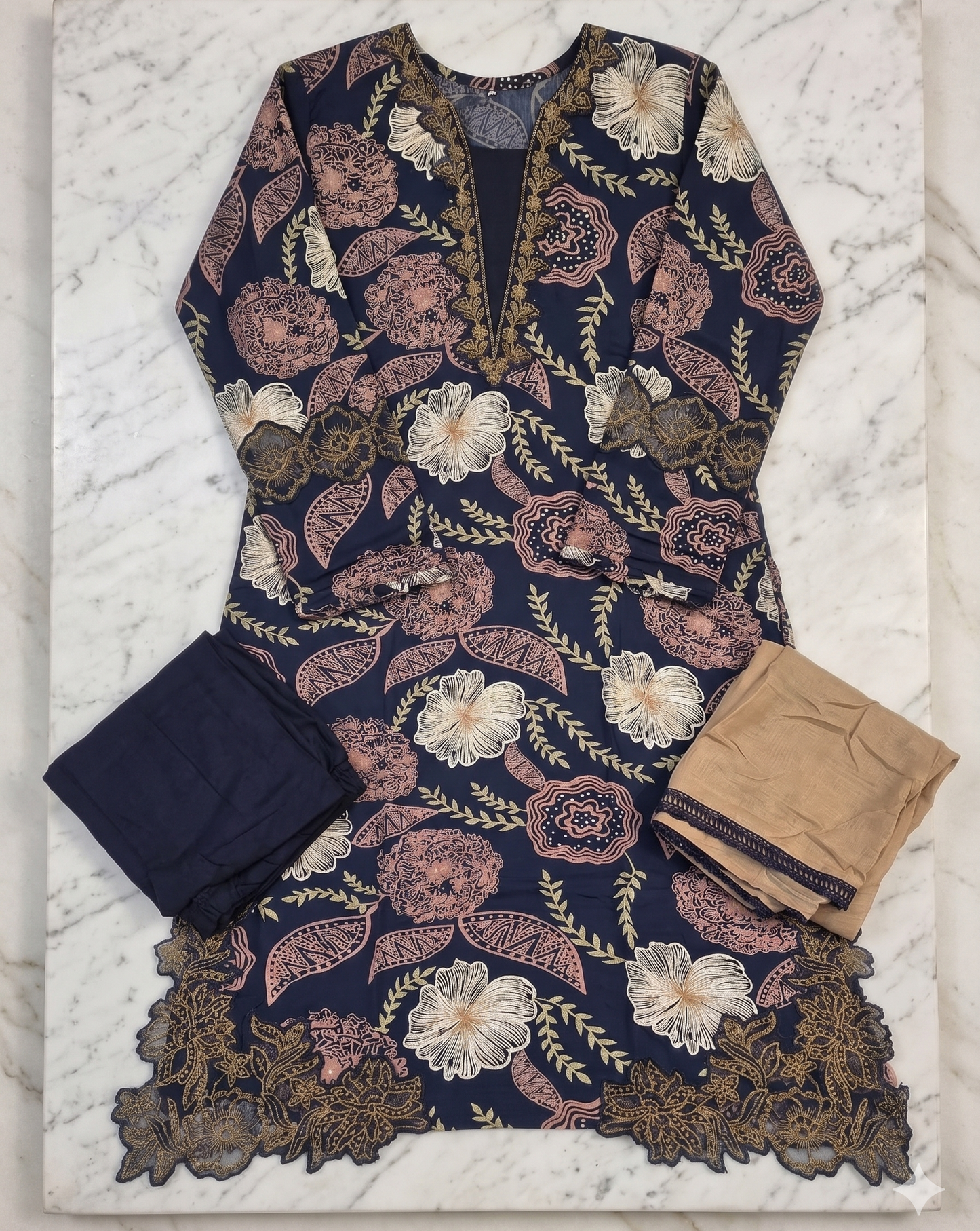 Floral Cutwork Suit Set – Black Beige